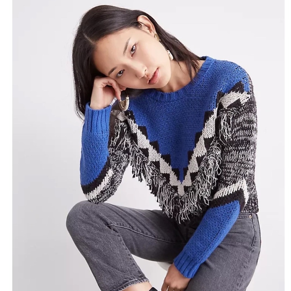 By Anthropologie Blue Miska Chunky Blue Black White Fringe Sweater Womens XS‎
